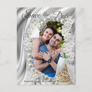 Cream,Green,blue Silk & Ivory Pearls Save the Date Announcement Postcard