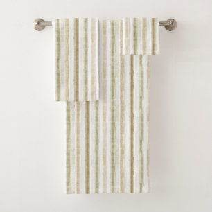 Cream Green Brown Stripes Bath Towel Set