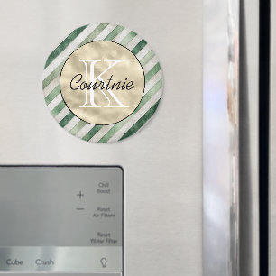Cream Green Diagonal Stripes Gold Monogram Magnet