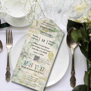 Cream Green Eucalyptus Botanical QR Code All In One Invitation