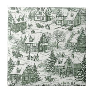 Cream Green Holiday Village Scenic Toile Ceramic Tile
