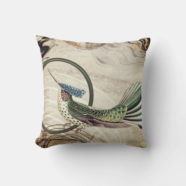 Cream & Green Hummingbird Abstract Swirls Cushion (Front)
