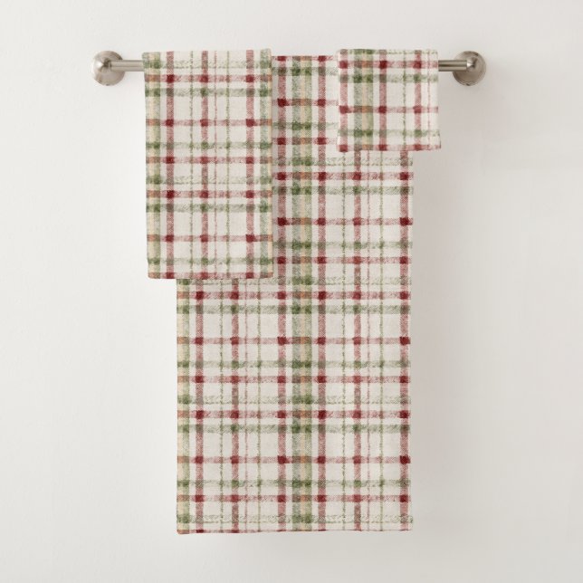 Cream Green Red Plaid Stripes  Bath Towel Set (Insitu)