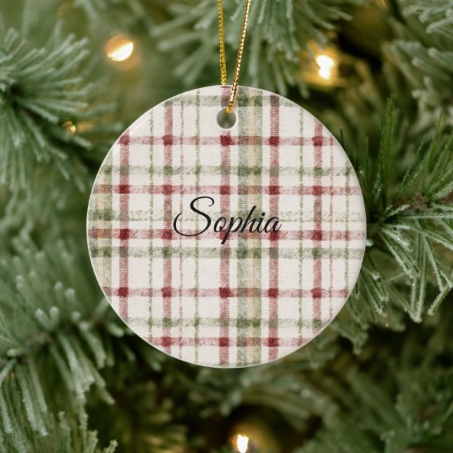 Cream Green Red Plaid Stripes  Ceramic Ornament (Tree)