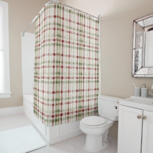 Cream Green Red Plaid Stripes Shower Curtain