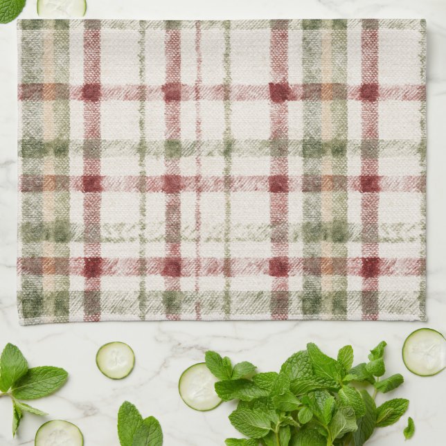 Cream Green Red Plaid Stripes  Tea Towel (Folded)
