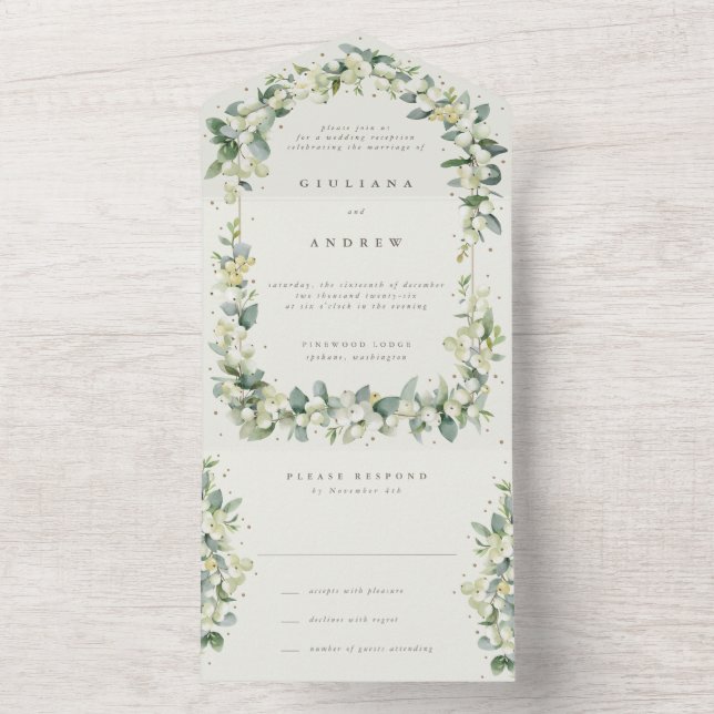 Cream/Green Snowberry+Eucalyptus Reception Only All In One Invitation (Inside)