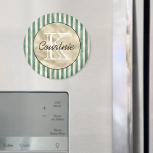 Cream Green Stripes Gold Monogram Magnet