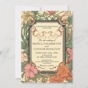 Cream Green Vintage Floral Wedding Invitation