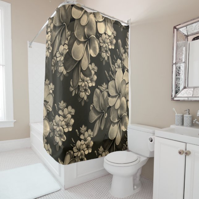 cream grey black flower blossom  shower curtain (In Situ)