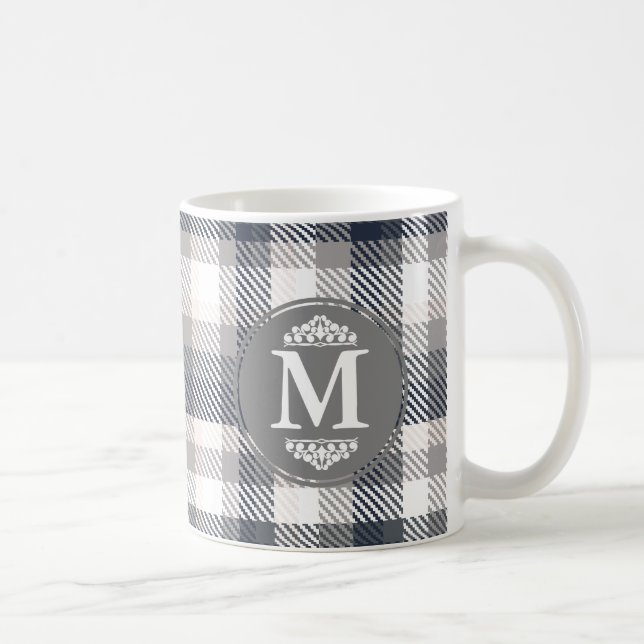 Cream & Grey Plaid Monogram Letter Coffee Mug (Right)