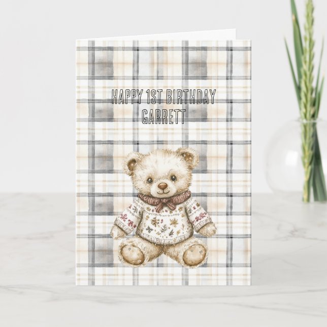 Cream Grey Plaid Stripes Teddy Bear Birthday Card (Front)