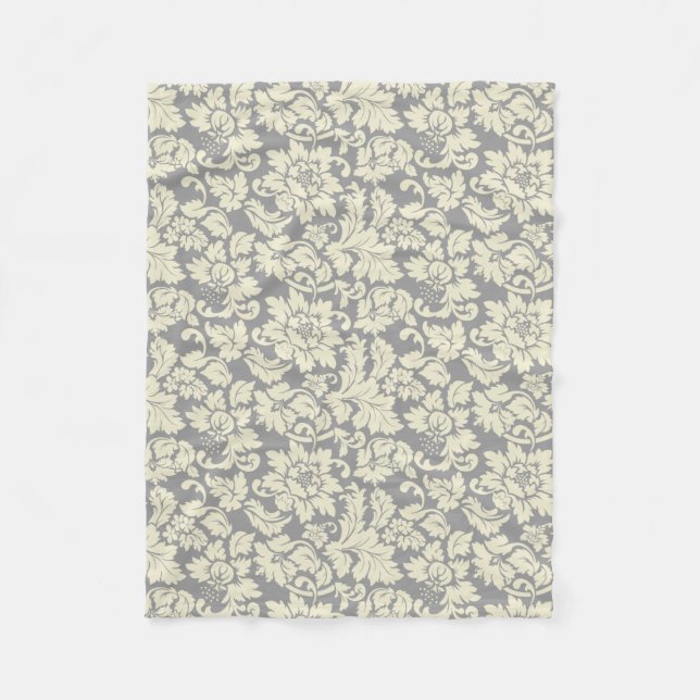 Cream & Grey Vintage Floral Damasks Fleece Blanket (Front)