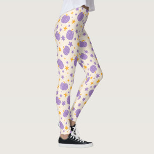 Cream Halloween Leggings with Cute Purple Pumpkins