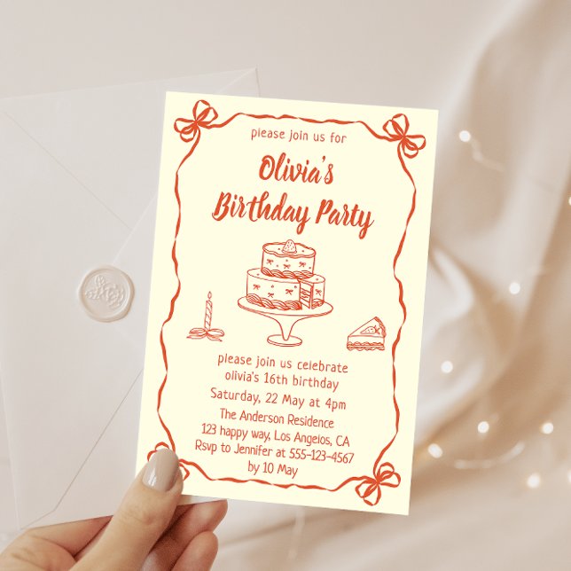 Cream Hand-Drawn Cake & Ribbon Border Birthday  Invitation (Creator Uploaded)