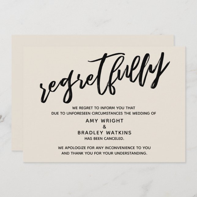 Cream Handwriting Cancelled Wedding Regrets Card (Front/Back)