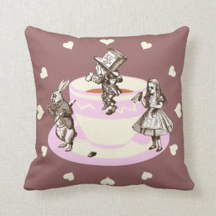 Cream Hearts Around a Mad Tea Party Cushion