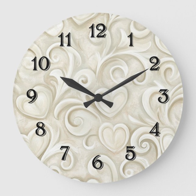 Cream Hearts Swirls Large Clock (Front)