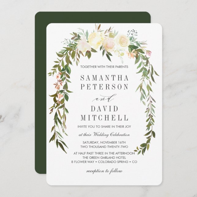 Cream Hunter Green | Botanical  Floral Wedding Invitation (Front/Back)