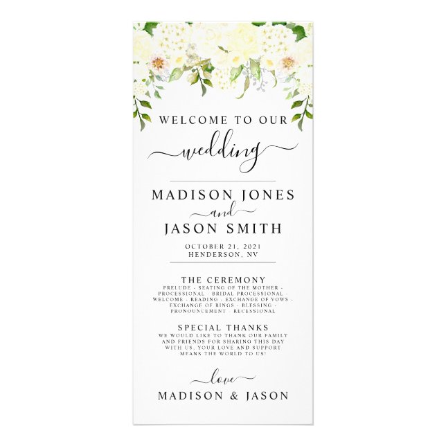 Cream Hydrangea & Roses Wedding Program Rack Card (Front)