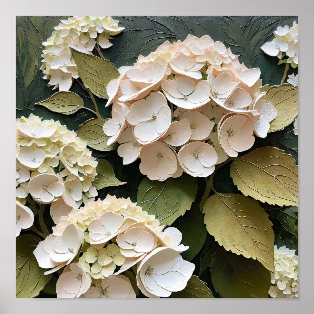 Cream Hydrangeas with Textured Leaves  Poster (Front)