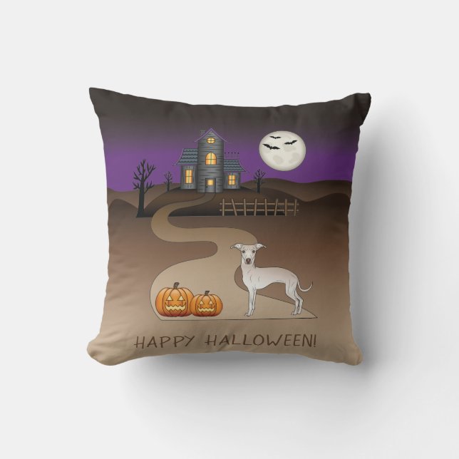 Cream Iggy Cute Dog And Halloween Haunted House Cushion (Front)