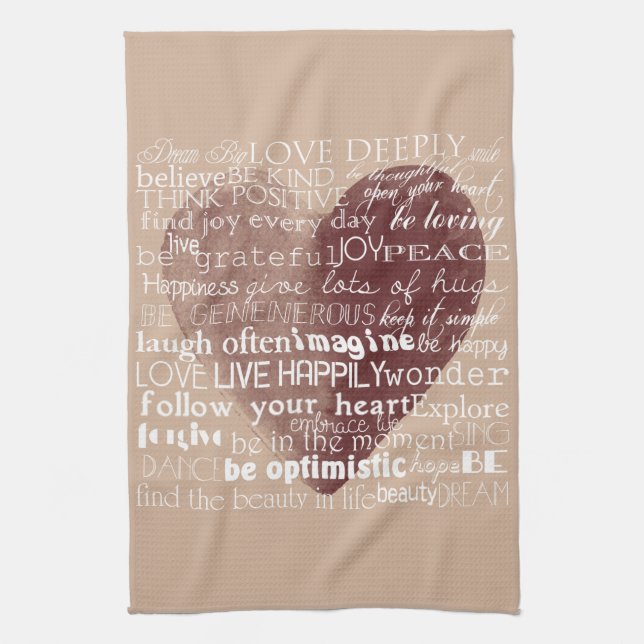 Cream Inspirational Love Joy Red Heart Tea Towel (Vertical)