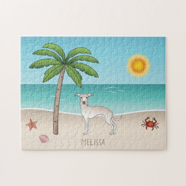 Cream Italian Greyhound At A Tropical Summer Beach Jigsaw Puzzle (Horizontal)