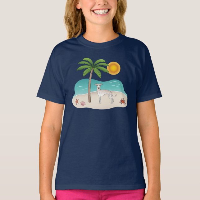 Cream Italian Greyhound At Tropical Summer Beach T-Shirt (Front)