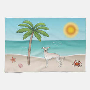 Cream Italian Greyhound At Tropical Summer Beach Tea Towel
