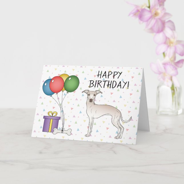 Cream Italian Greyhound Cartoon Dog Happy Birthday Card (Orchid)