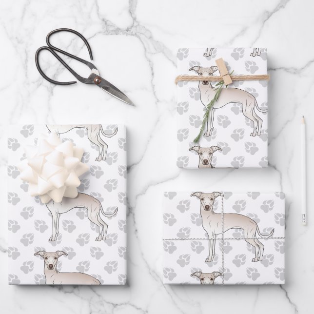 Cream Italian Greyhound Cartoon Dogs With Paws Wrapping Paper Sheet (Front)