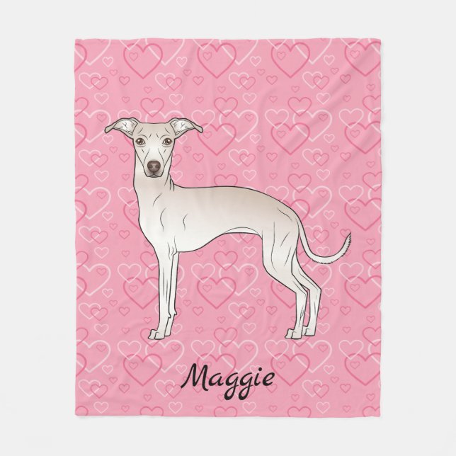 Cream Italian Greyhound Cute Dog On Pink Hearts Fleece Blanket (Front)