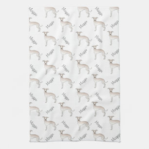 Cream Italian Greyhound Cute Dog Pattern With Name Tea Towel