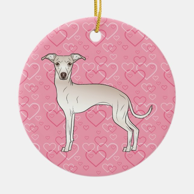 Cream Italian Greyhound Pink Hearts Pet Memorial Ceramic Ornament (Front)