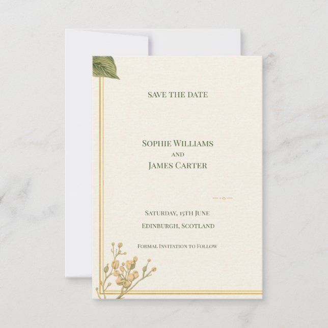Cream Ivory Botanical Leaf Minimal Wedding Save The Date (Front)