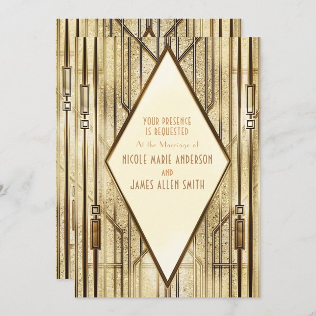 Cream Ivory Gold 20's Art Deco Gatsby Glam Wedding Invitation (Front/Back)