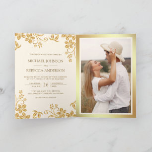 Cream Ivory Gold Floral Leaves QR Code Wedding Invitation