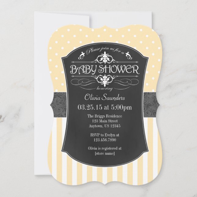 Cream Ivory Grey Chalkboard Stripes Baby Shower Invitation (Front)