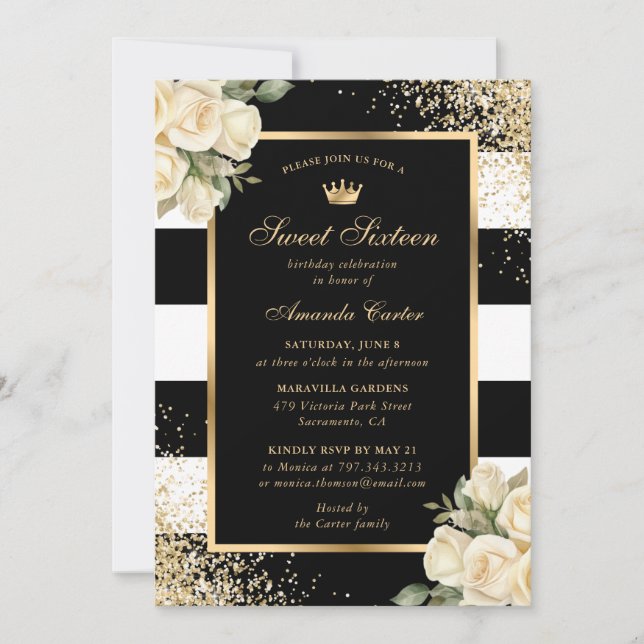 Cream Ivory Rose Black Gold Sweet Sixteen Birthday Invitation (Front)