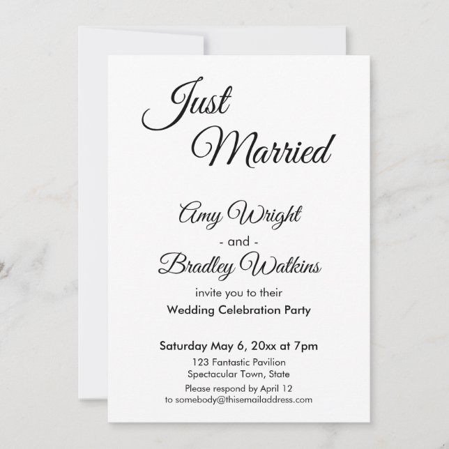 Cream "Just Married" Simple, Elegant Reception Invitation (Front)