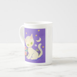 Cream Kitty Cat With Flower Pot, Moon & Stars Bone China Mug