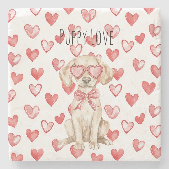 Cream Labrador Dog Red Hearts Bow Stone Coaster (Front)