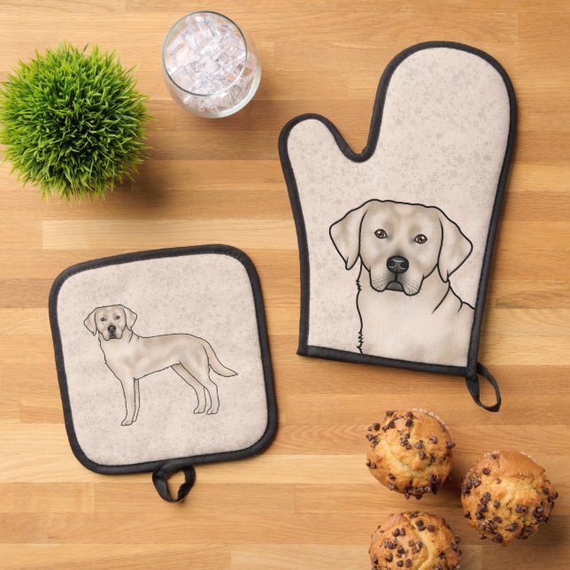 Cream Labrador Retriever Cartoon Lab Dog Art Oven Mitt & Pot Holder Set (Top Down)
