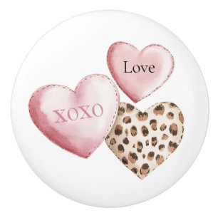 Cream Leopard Animal Print Pink Hearts   Ceramic Knob