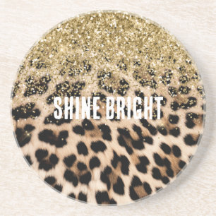 Cream Leopard Glam Gold Gitter Coaster