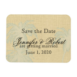 Cream Linen Blue Palm Trees Wedding Save the Date Magnet