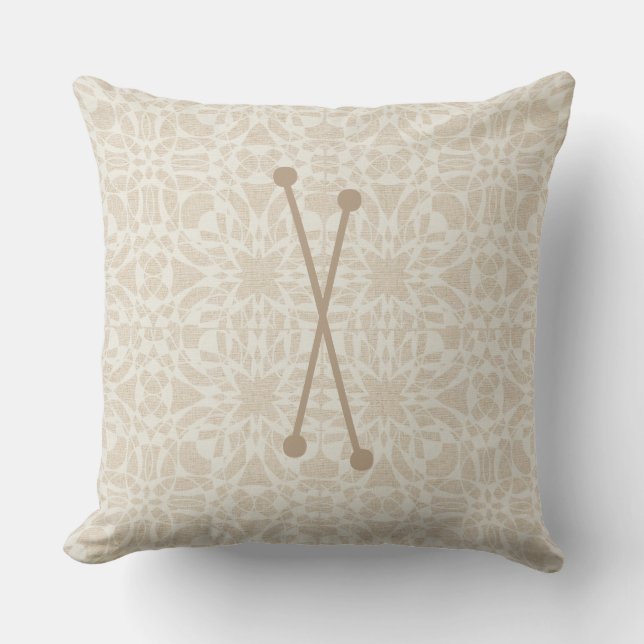 Cream Linen Vintage Style Pattern Monogram Kiss Cushion (Front)