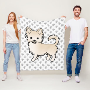 Cream Long Coat Chihuahua Cartoon Dog & Paws Fleece Blanket