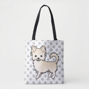 Cream Long Coat Chihuahua Cartoon Dog & Paws Tote Bag